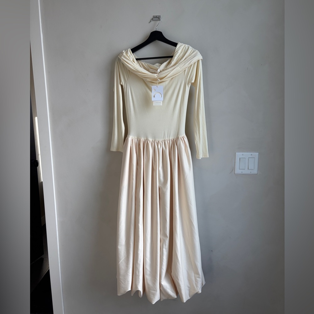 Commense Cream Draped Cowl Neck Maxi Dress